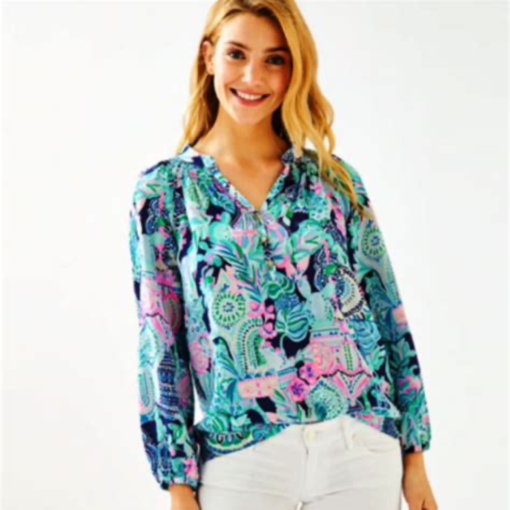 Lilly Pulitzer Elsa 100% Silk Top "Lookin' Sharp" Size XL